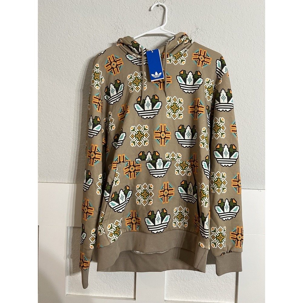 Adidas Mens Size S Beige Long Sleeve Tile Allover Print Loose Hoodie Sweatshirt